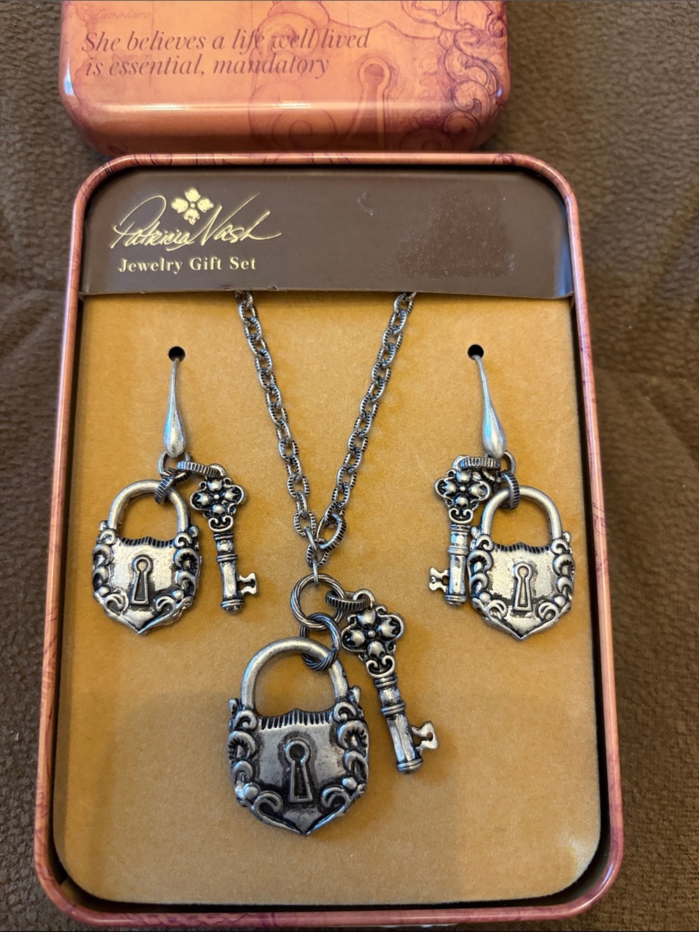 Patricia Nash Silver-Tone Padlock & Key Necklace and Earring Set 30 inch L - Picture 8 of 8